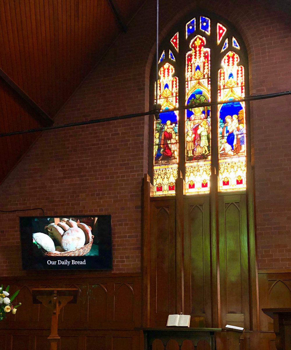 Stained glass window inside Roseville New Church